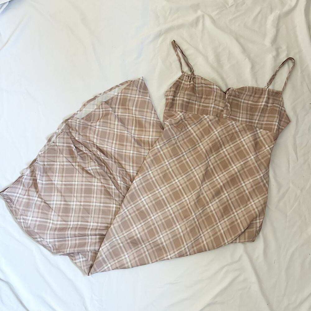 neutral/tan plaid print midi dress